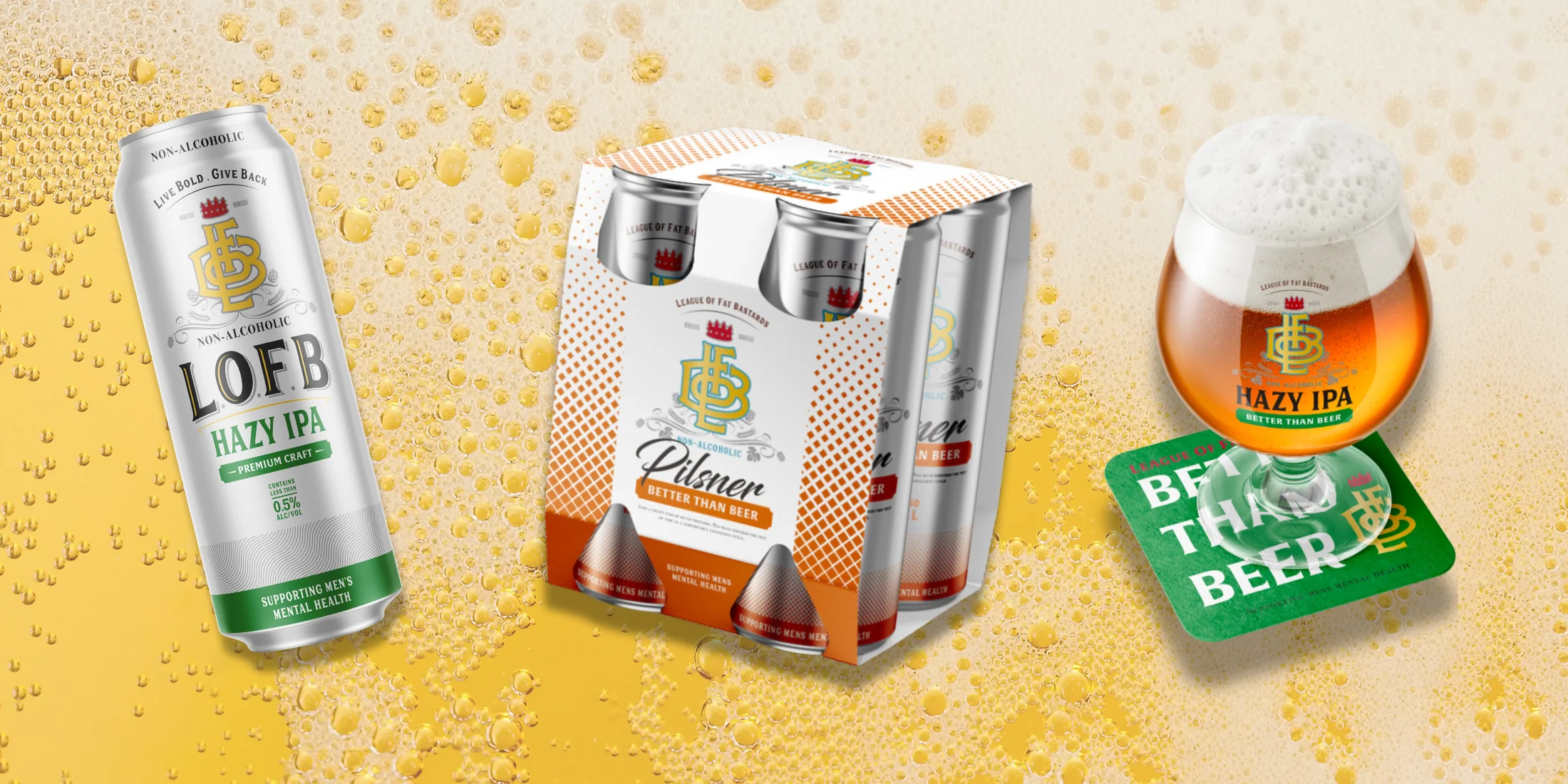 LOFB Hazy IPA, Pilsner 4-pack, and pour on a golden background