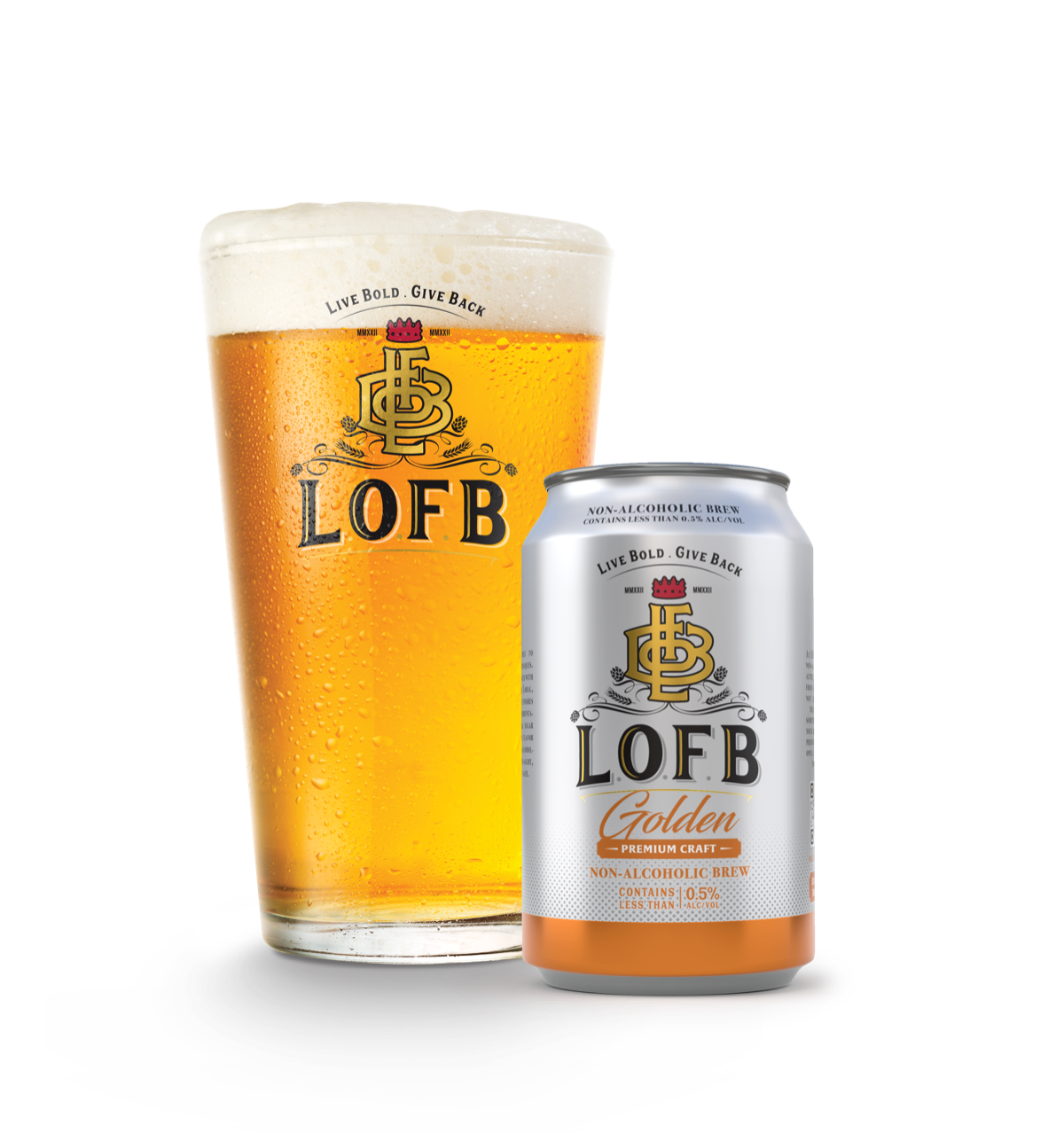 LOFB Zero Golden NA craft beer can with pint pour